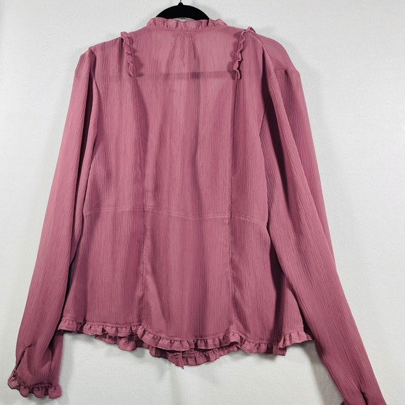 Oleg‎ Cassini Ruffle Blouse Button Down Long Sleeve Pink Top XL Women V Neck - Picture 5 of 10